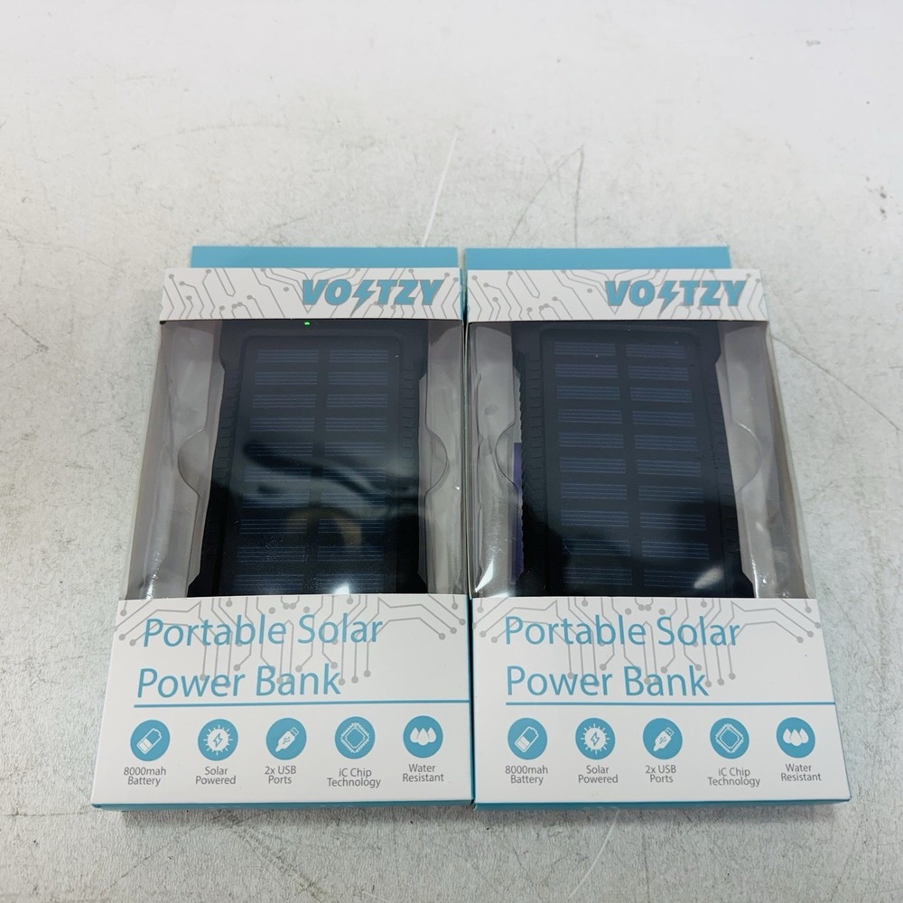 2 Pack VOLTZY Portable Solar Power Bank 8000mah 2x USB, iC Chip, Water Resistant